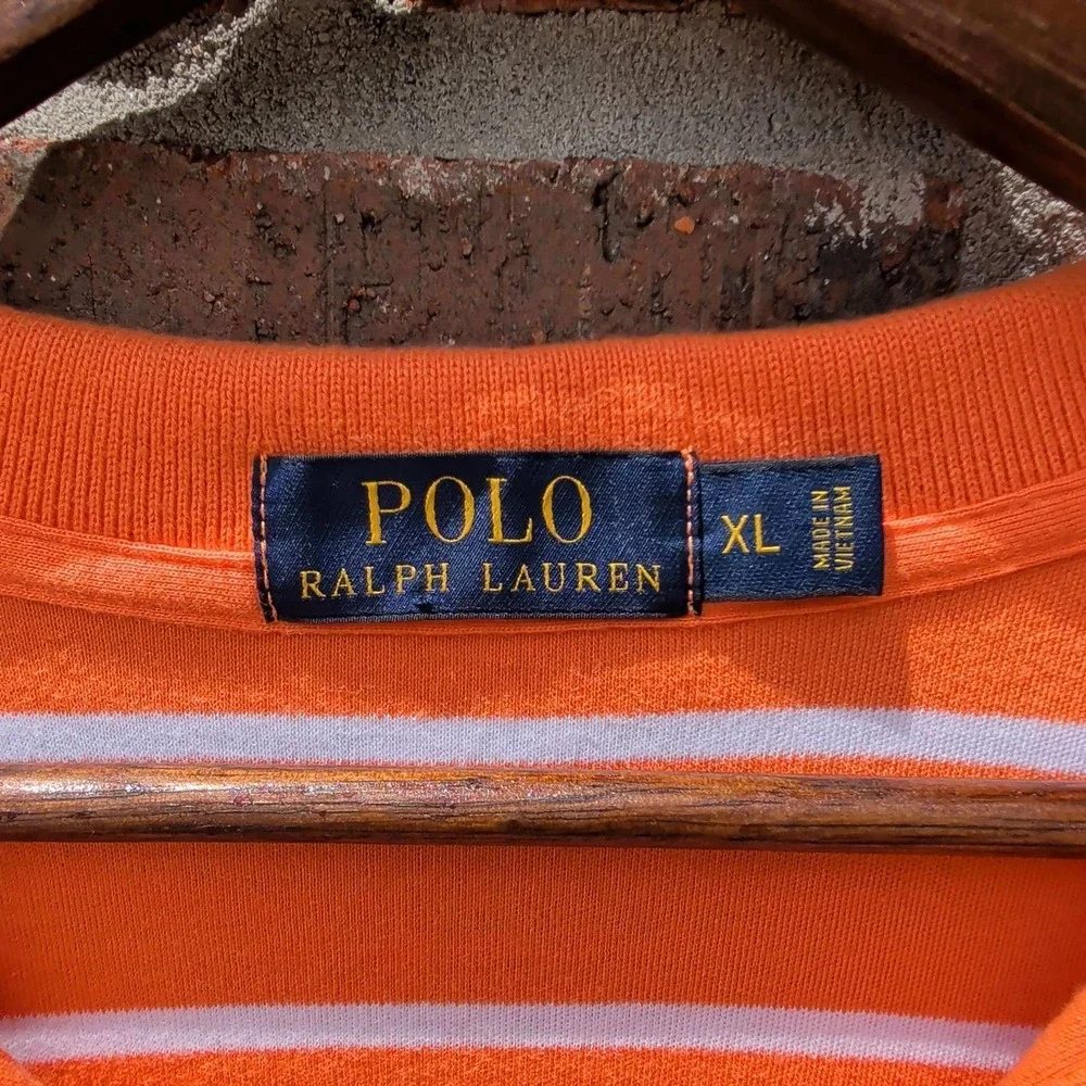 Polo Ralph Lauren Polo Shirt Mens XL Orange White Striped Short Sleeve Pony Logo